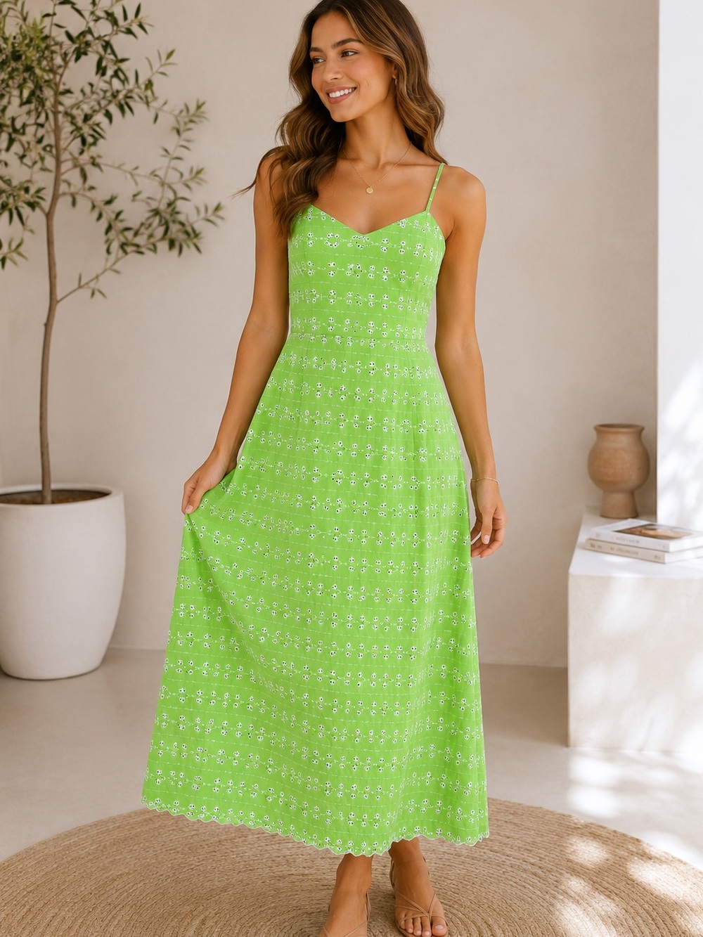 Women's Lime Green Floral Eyelet Maxi Dress